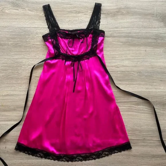 Betsey Johnson | Dresses | Vintage Y2k Betsey Johnson Pink And Black Silk  Lace Babydoll Dress Coquette | Poshmark